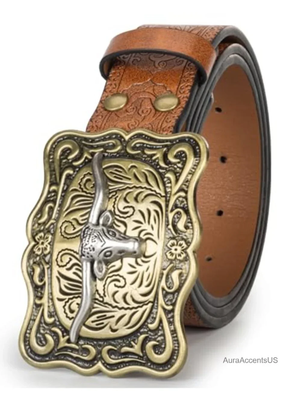 Western Cowboy Leather Belt Turquoise Oval Buckle Embossed PU Leather